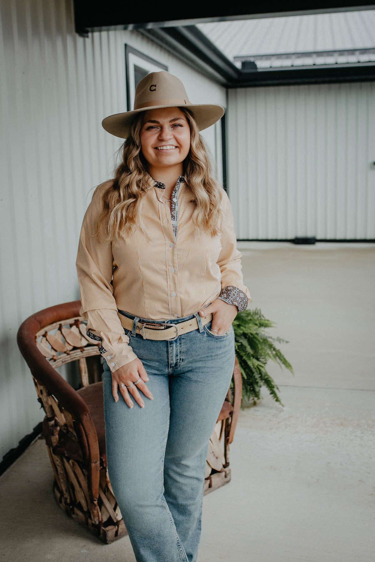 ‘Alexa’ CINCH Women's Gold Pinstripe Button Up Shirt (L & XXL Only)