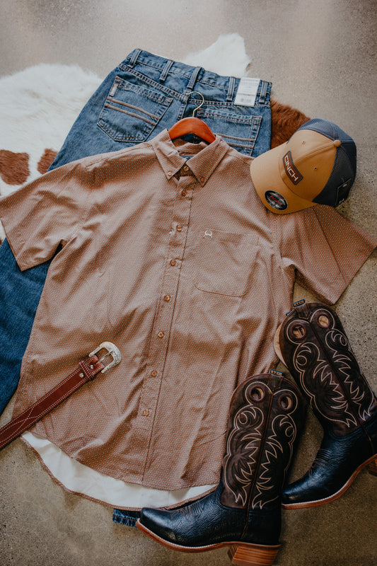 Mens CINCH Arenaflex Short Sleeve Brown Geometric Print Button Down Shirt (S-XL)