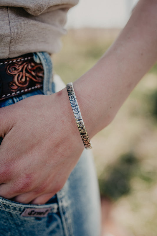 Sterling Silver Stamped Flower Bangle