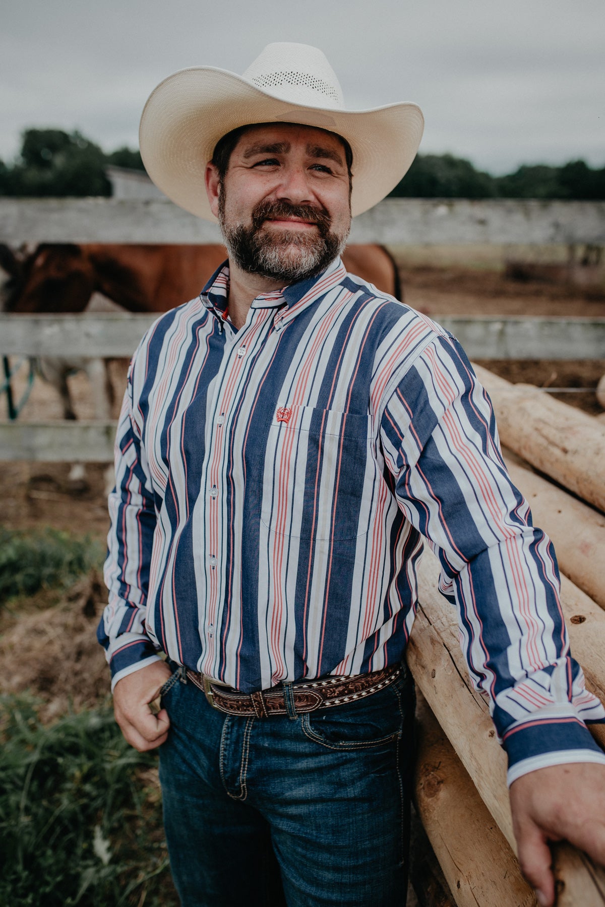 'Rye' Men's Long Sleeve Retro Stripe Button Down S-XXL)