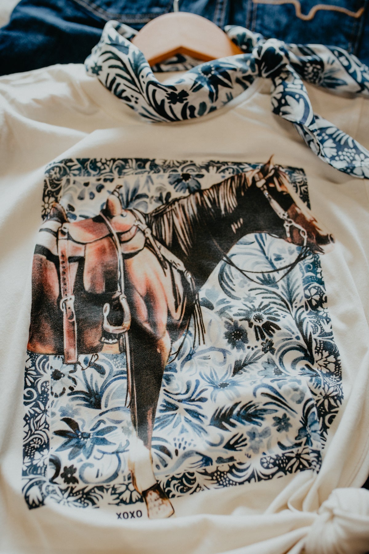 'Floral Denim Horse' with Jewel Applique Graphic T (XS - XXL)