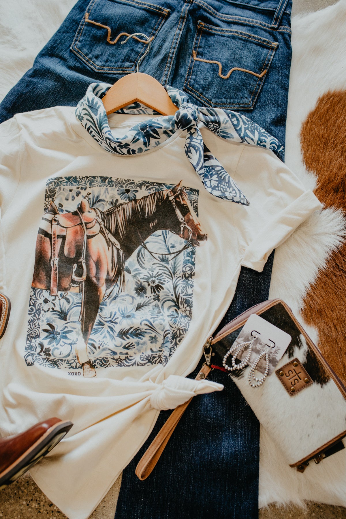 'Floral Denim Horse' with Jewel Applique Graphic T (XS - XXL)