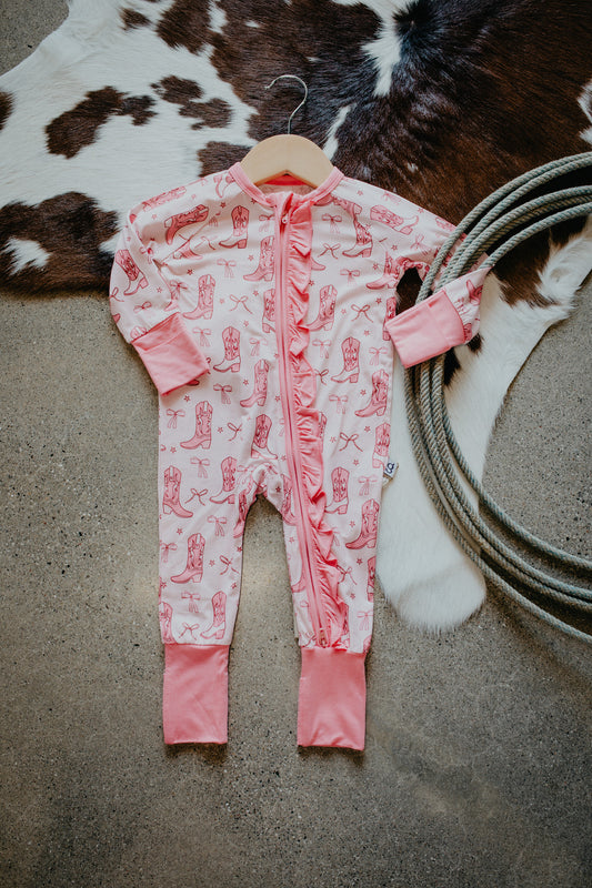 'Cowgirl Boots & Bows' Long Sleeve Zip PJ (Sizes 0-3M to 18-24M)