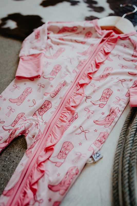 'Cowgirl Boots & Bows' Long Sleeve Zip PJ (Sizes 0-3M to 18-24M)