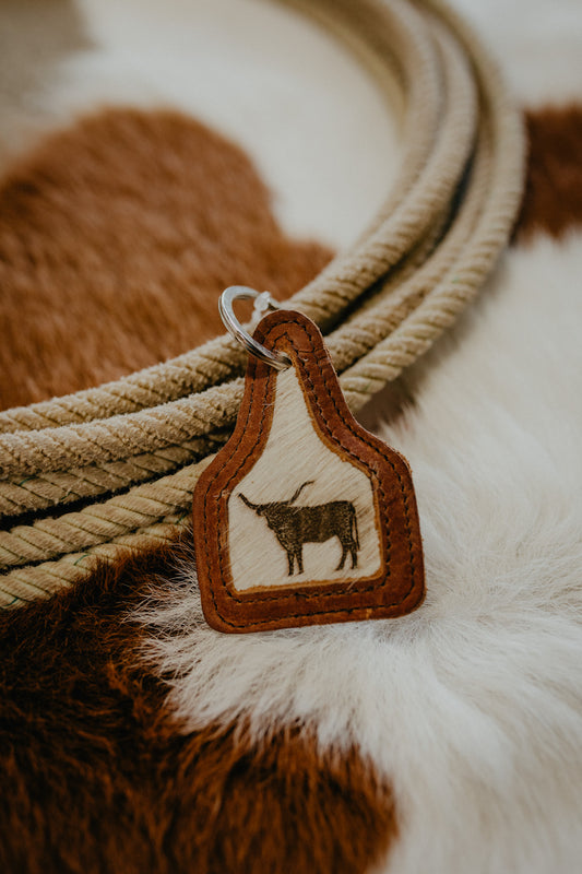 Branded Longhorn Cowhide and Leather Eartag Keychain