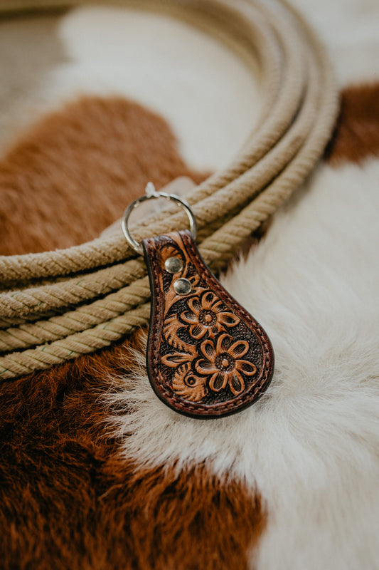 Tooled Leather Teardrop Keychain