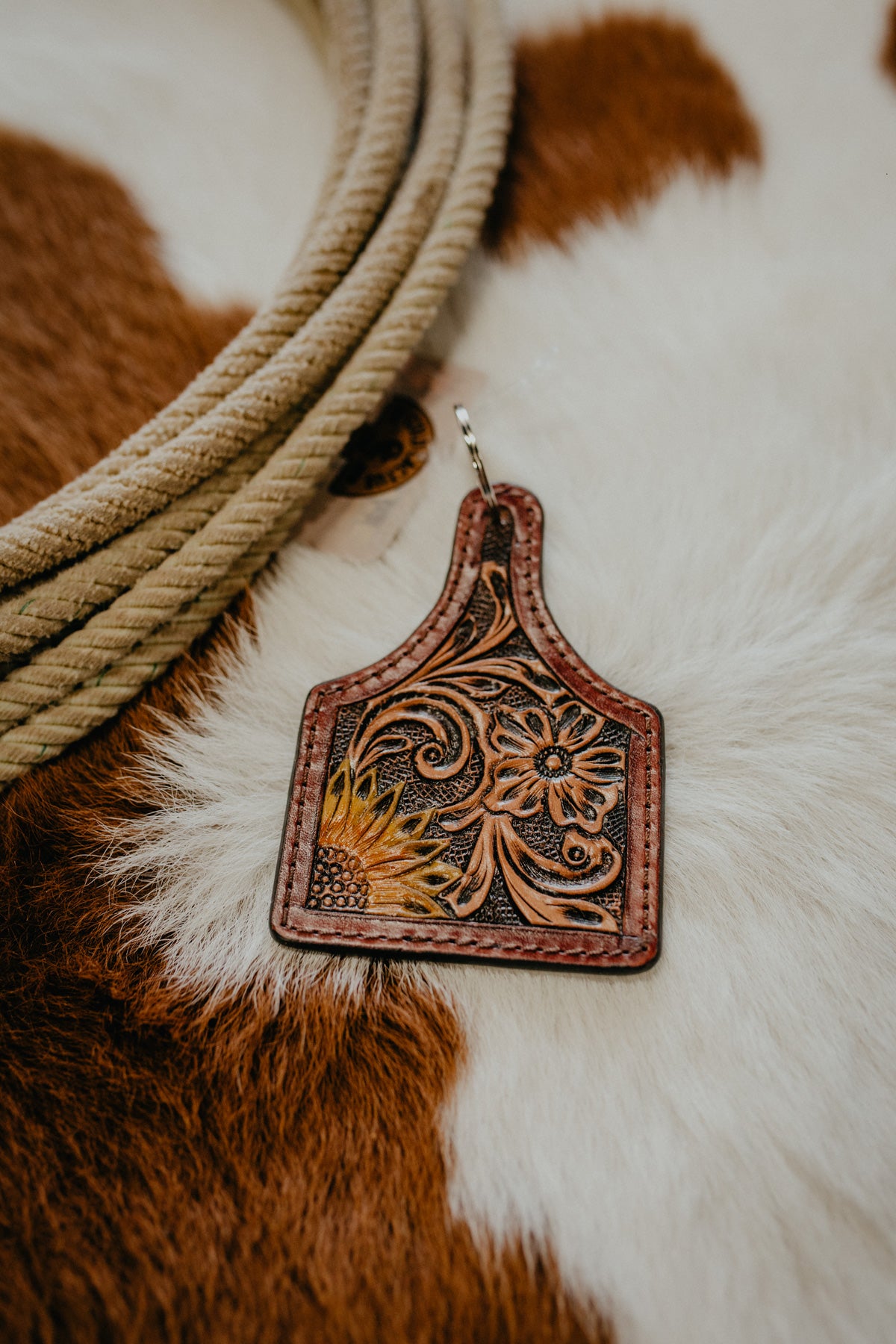 Sunflower Tooled Leather Eartag Keychain