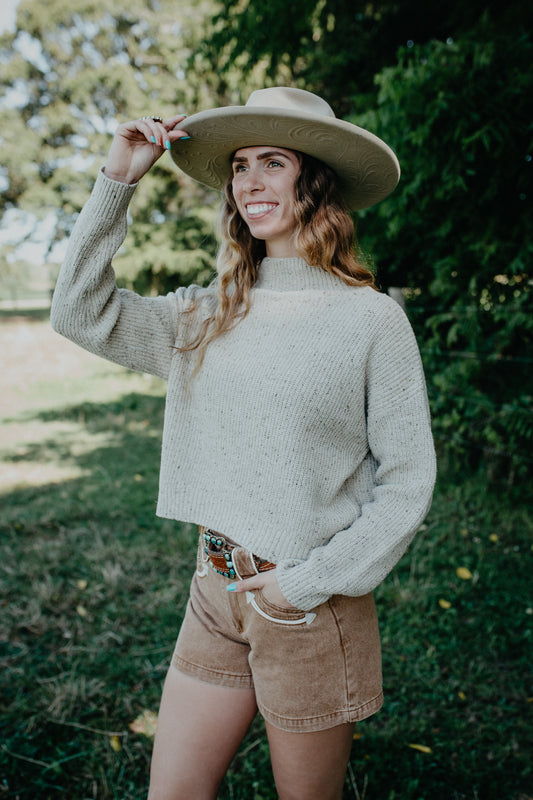 'Evolet' Heathered Oatmeal Mock Neck Sweater (XS-L)