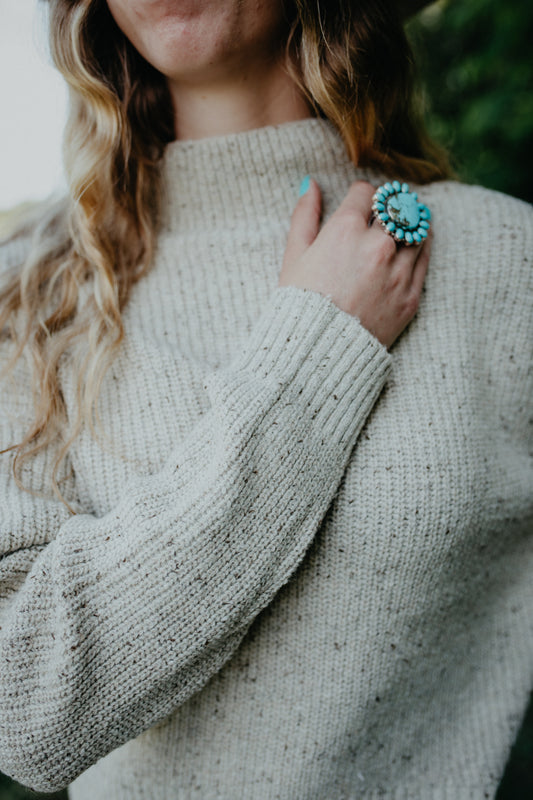 'Evolet' Heathered Oatmeal Mock Neck Sweater (XS-L)