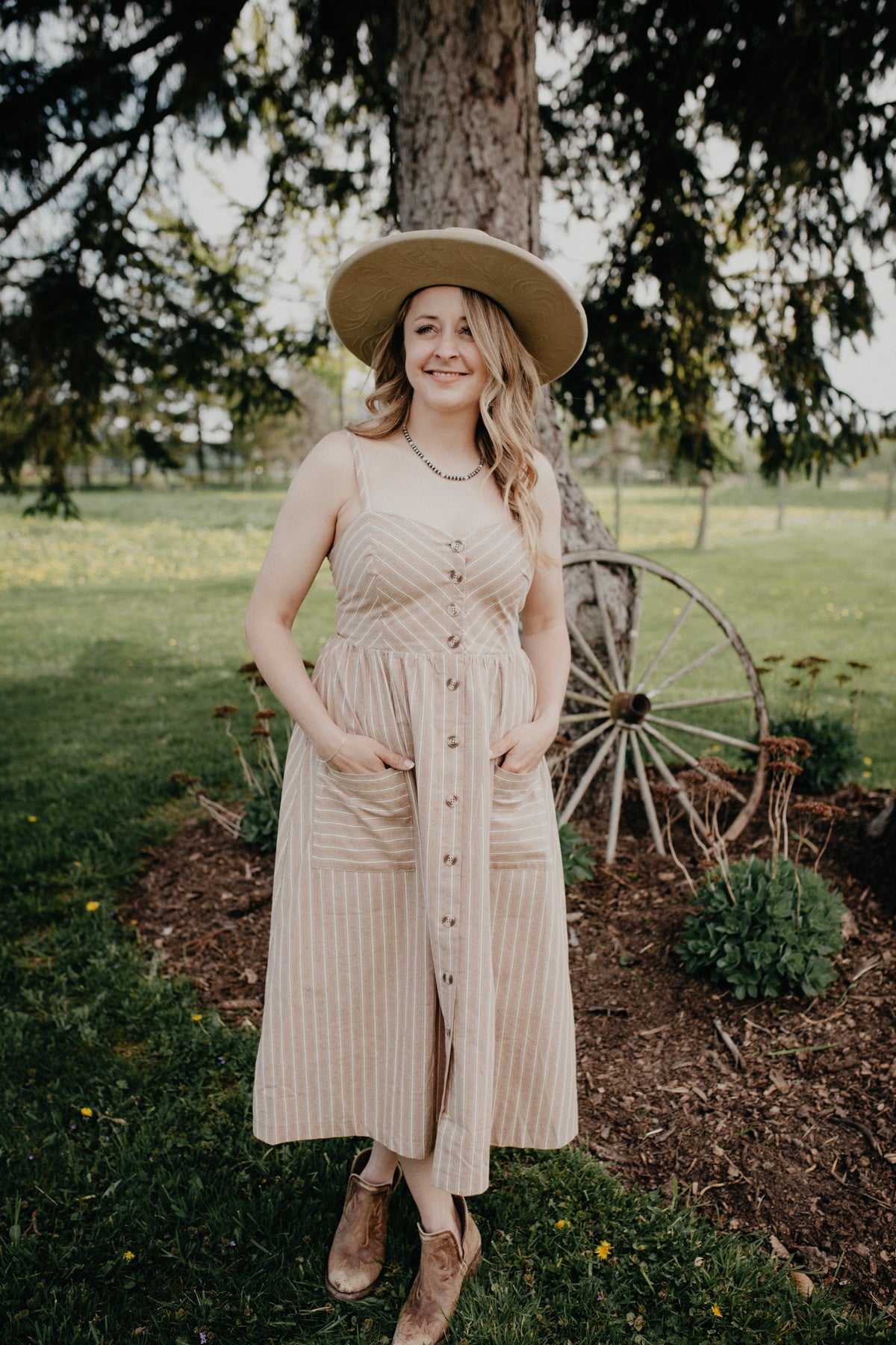'Stephanie' Tan Striped Button Front Dress with Pockets (S - L)