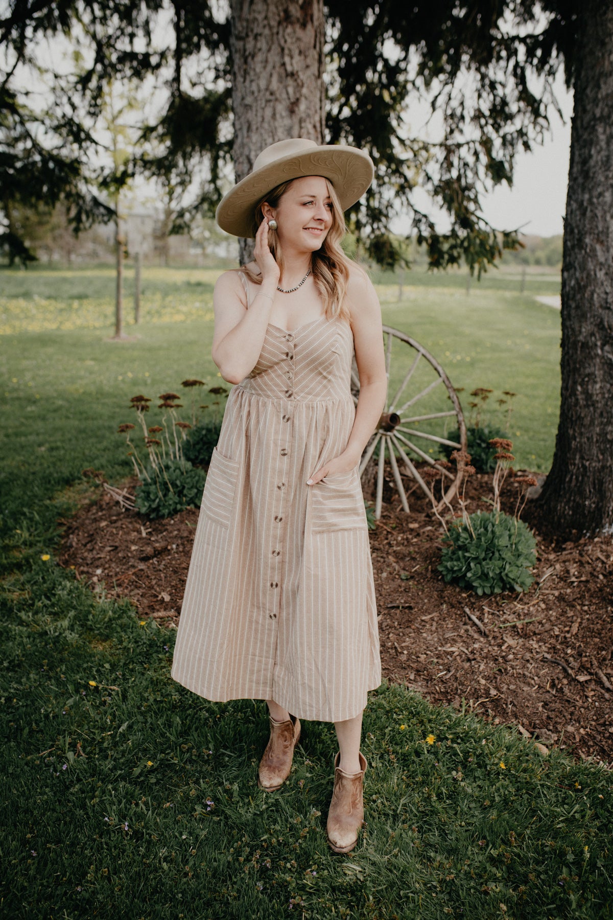 'Stephanie' Tan Striped Button Front Dress with Pockets (S - L)