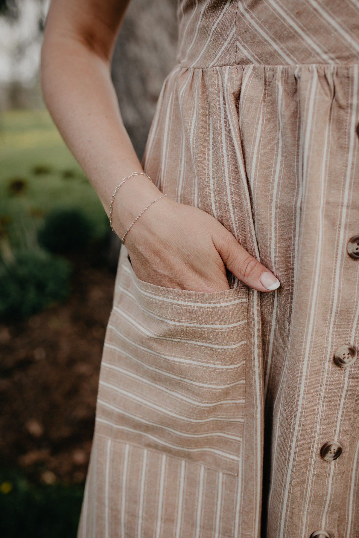 'Stephanie' Tan Striped Button Front Dress with Pockets (S - L)