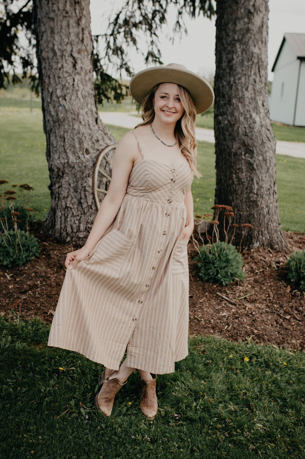 'Stephanie' Tan Striped Button Front Dress with Pockets (S - L)