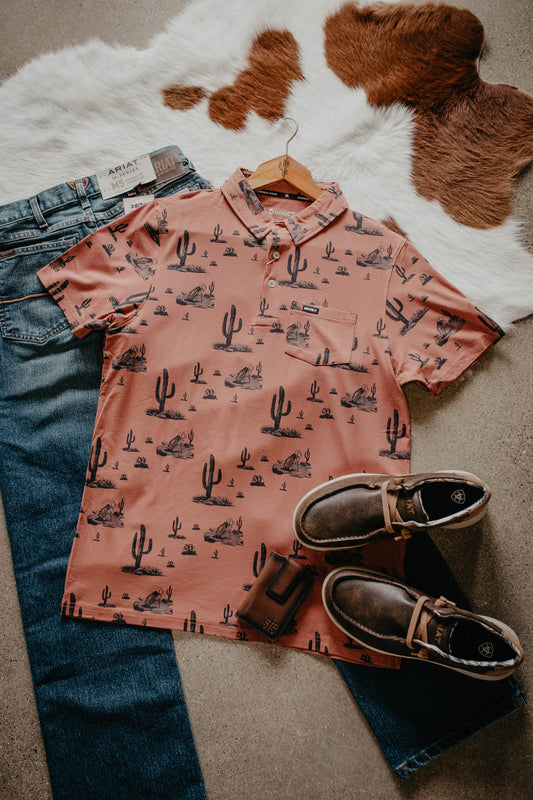 'Hot Shot' Men's Rust Orange Cactus Print Polo Shirt (S - XXL)