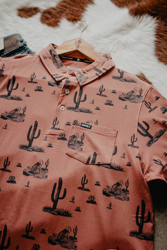 'Hot Shot' Men's Rust Orange Cactus Print Polo Shirt (S - XXL)