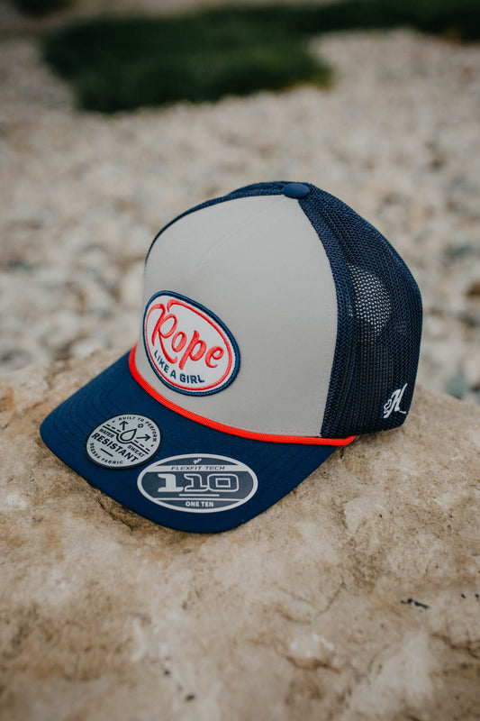 Rope Like a Girl Hooey Grey & Navy 5 Panel Trucker Hat with Oval Patch