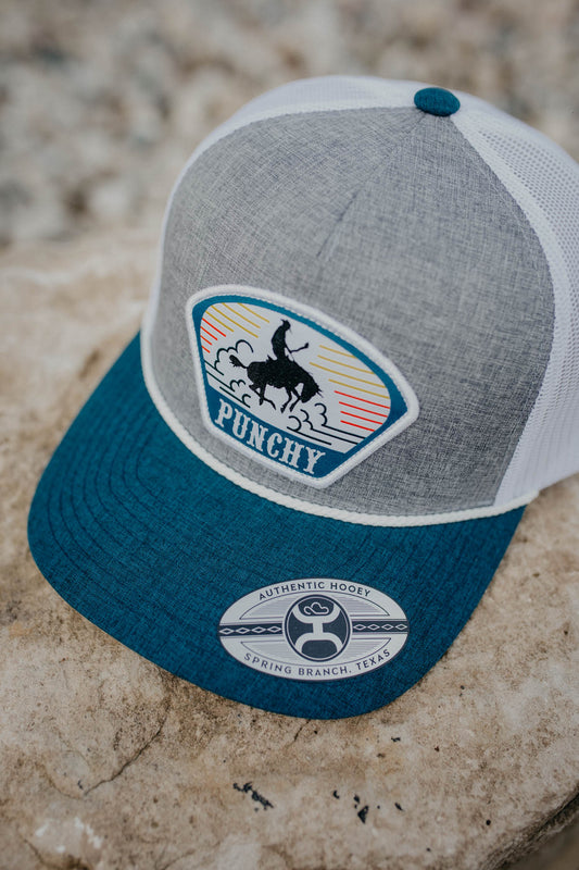 "Punchy" Hooey Grey/White 5 Panel Trucker Hat, Orange Teal & White Patch