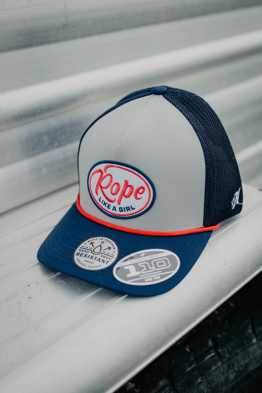 Rope Like a Girl Hooey Grey & Navy 5 Panel Trucker Hat with Oval Patch