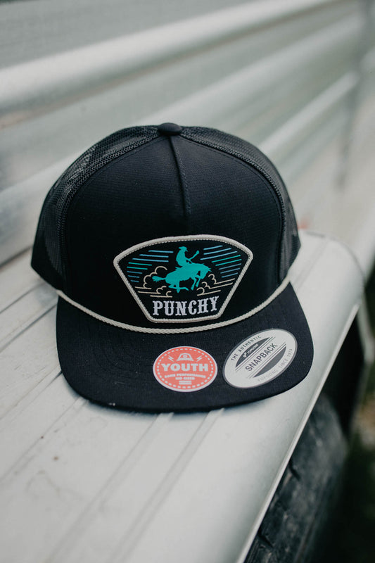 Youth "Punchy" Hooey Black 5-Panel Trucker with Turquoise with Yellow Patch
