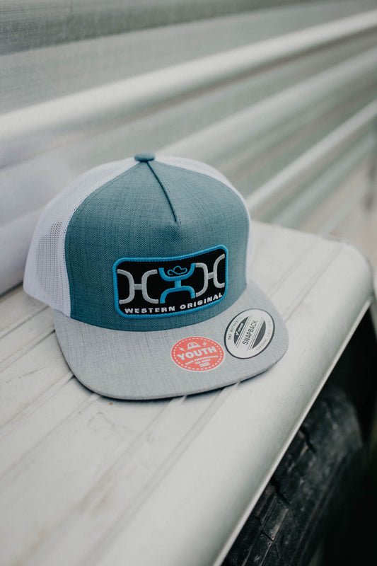 Youth "Loop" Hooey Teal & White 5 Panel Trucker Hat Blue/Grey/ Rectangle Patch