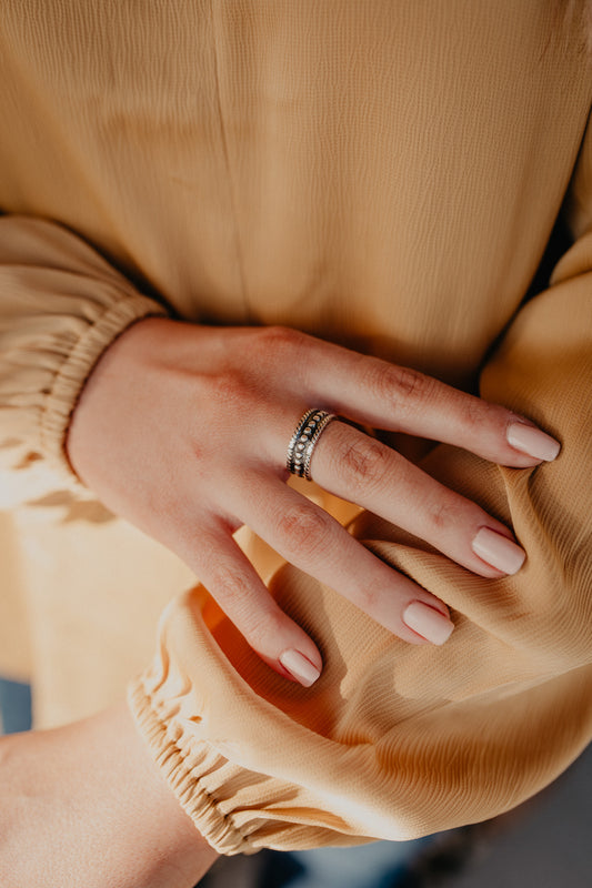 Oxidized Ball Ring with Rope Edge (Sized)