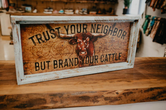 “Brand Your Cattle” (Longhorn) Rectangular Framed Artwork (14.5" x 30")