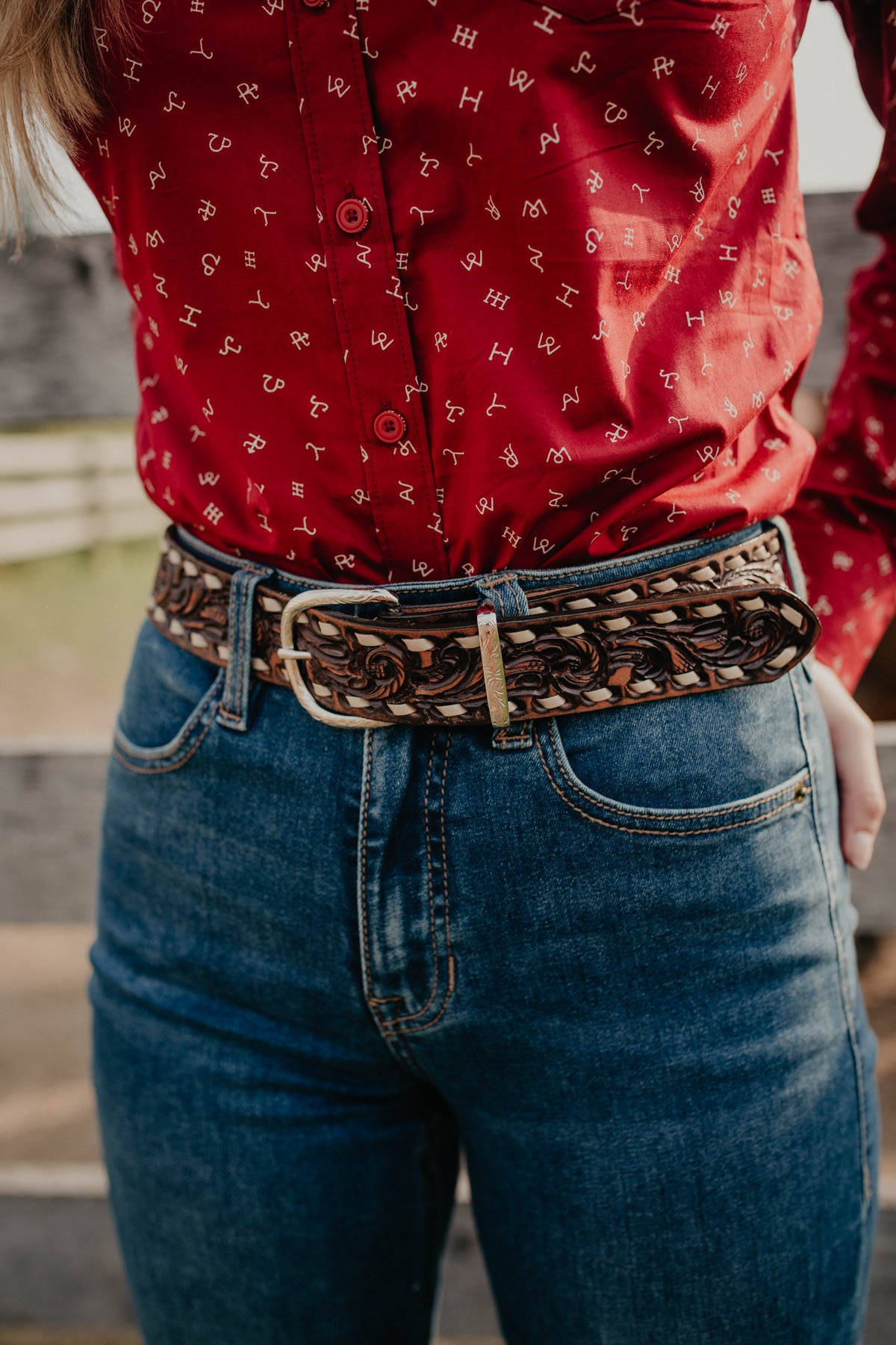 Brown Vintage with Whirlwind Tooling and Cream Buck Stitch Belt by Double J Saddlery (1 1/2" width)