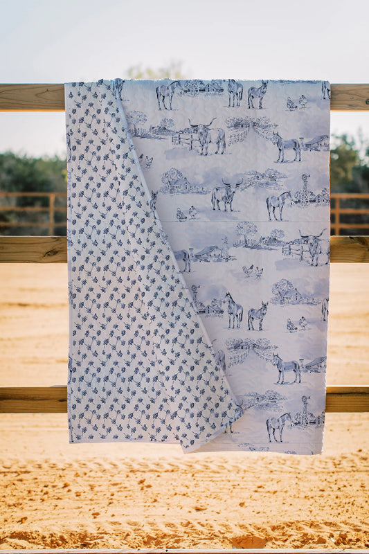 'Donkey Toile in Blue' Neutral Quilt Set (Twin, Queen, King)