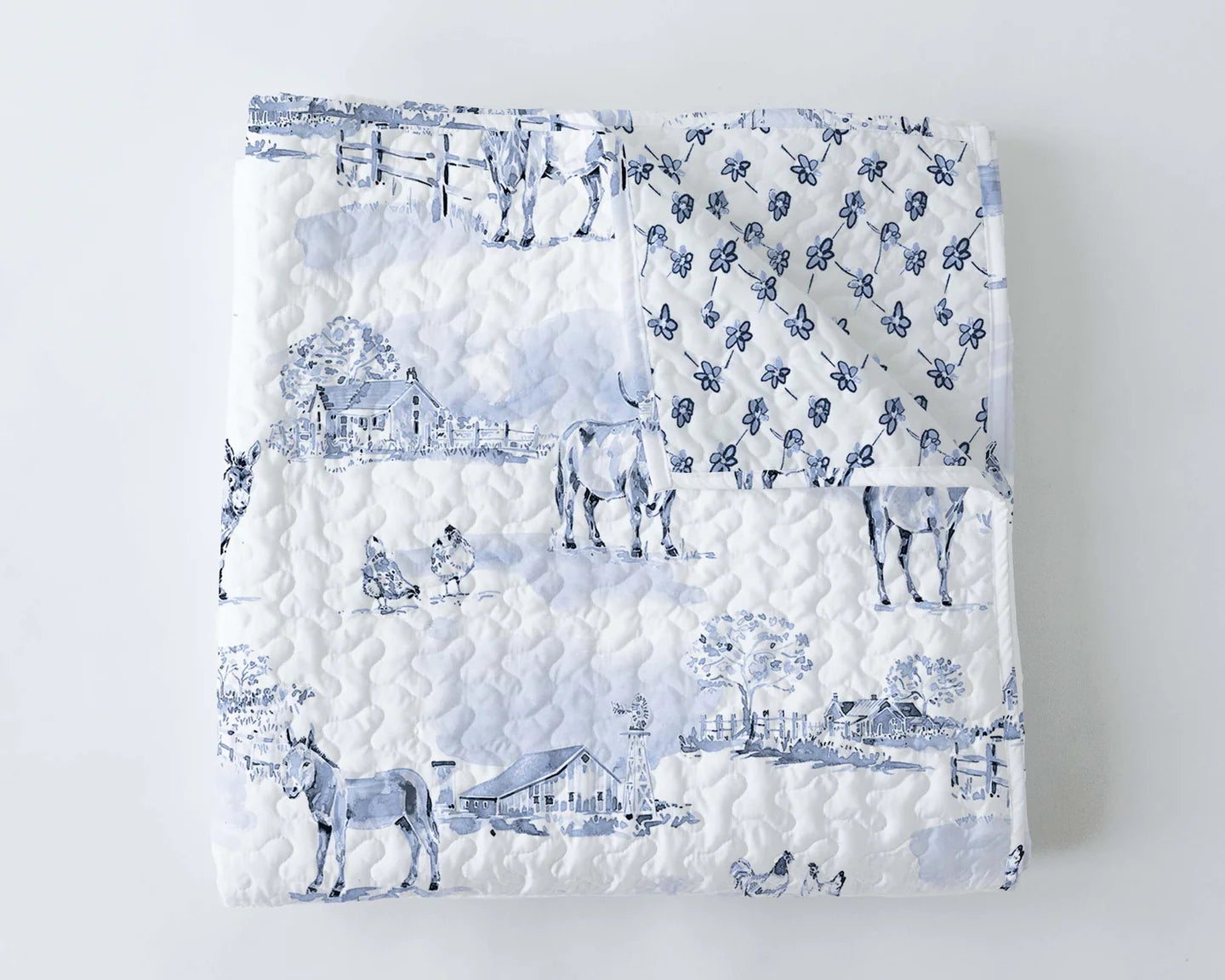 'Donkey Toile in Blue' Neutral Quilt Set (Twin, Queen, King)