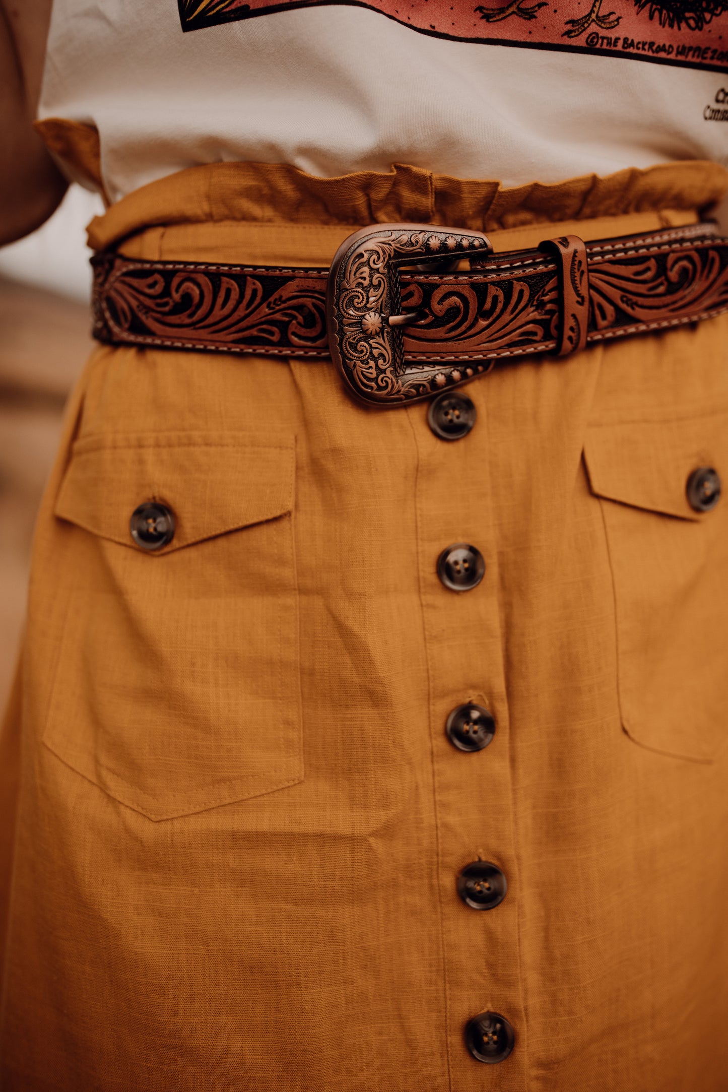 Floral Tooled Belt with Copper Buckle