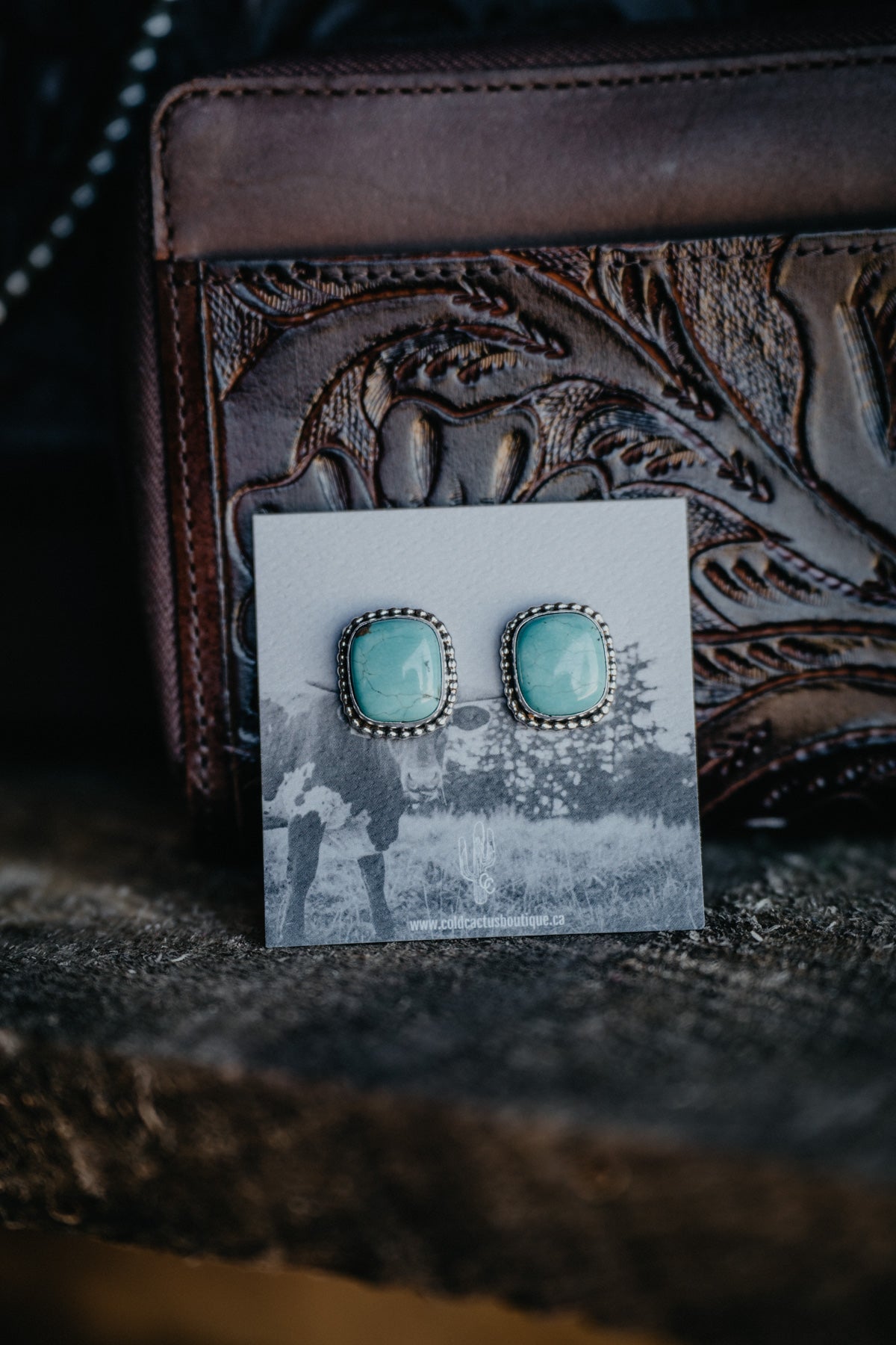 Genuine Turquoise Stud Earrings with Beaded Border