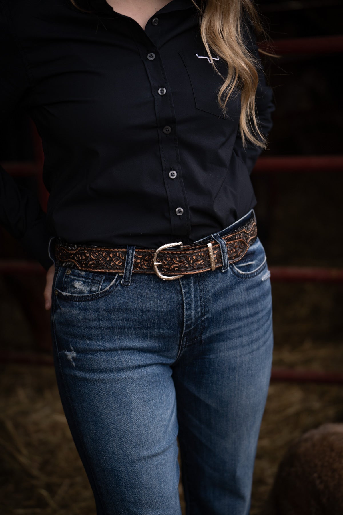 Salt & Pepper Cowhide Belt with Brown Vintage Floral Tooled Billets by Double J Saddlery (1 1/2")