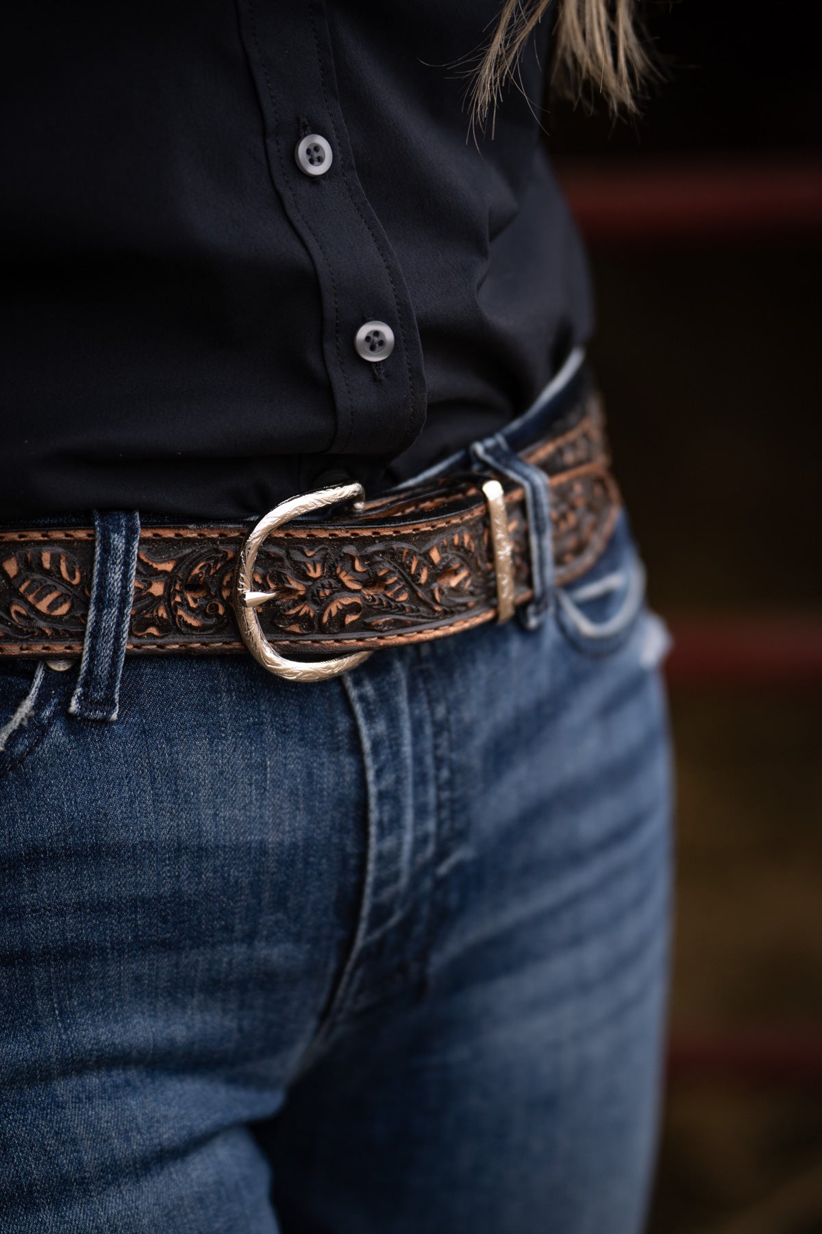 Salt & Pepper Cowhide Belt with Brown Vintage Floral Tooled Billets by Double J Saddlery (1 1/2")