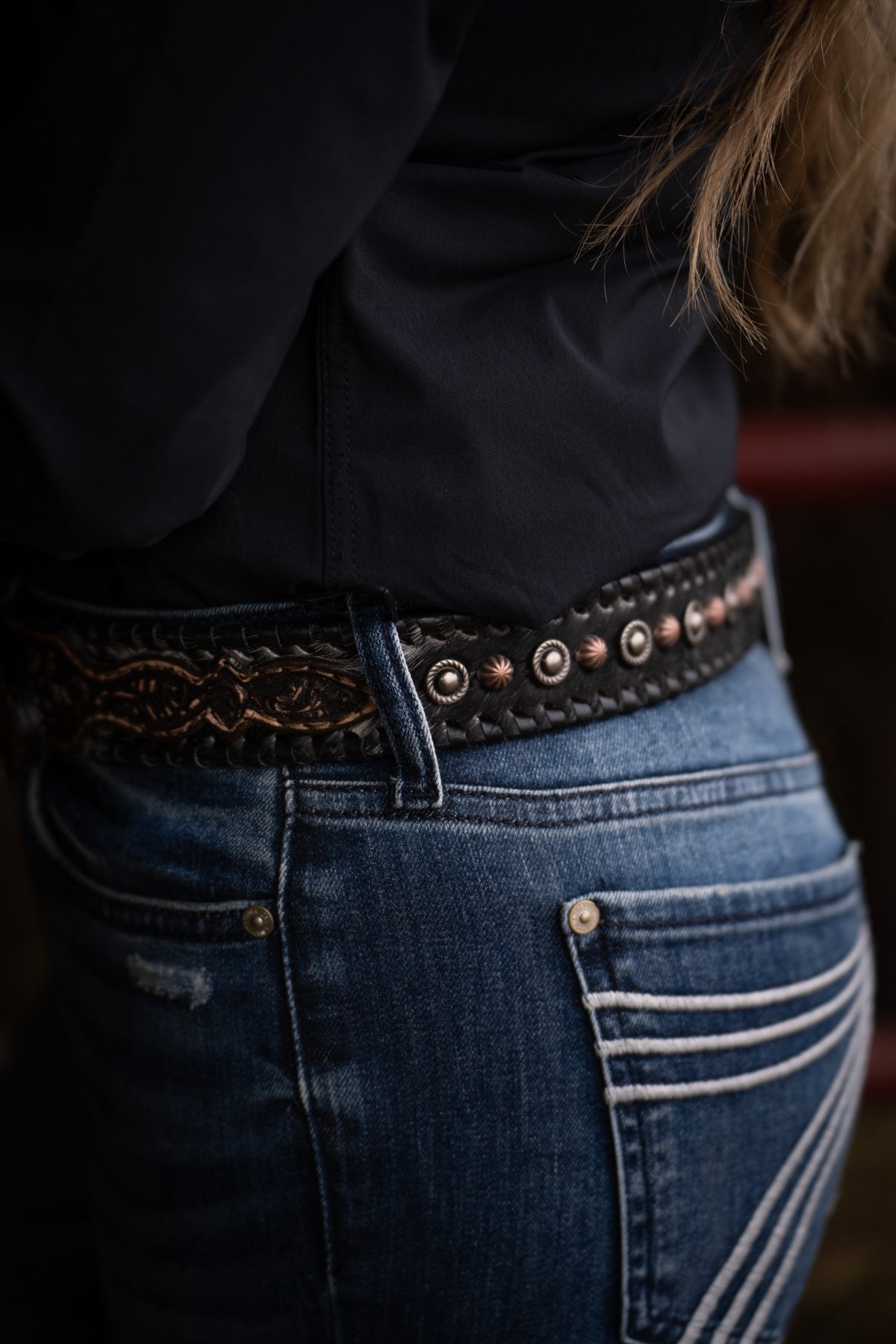 Salt & Pepper Cowhide Belt with Brown Vintage Floral Tooled Billets by Double J Saddlery (1 1/2")