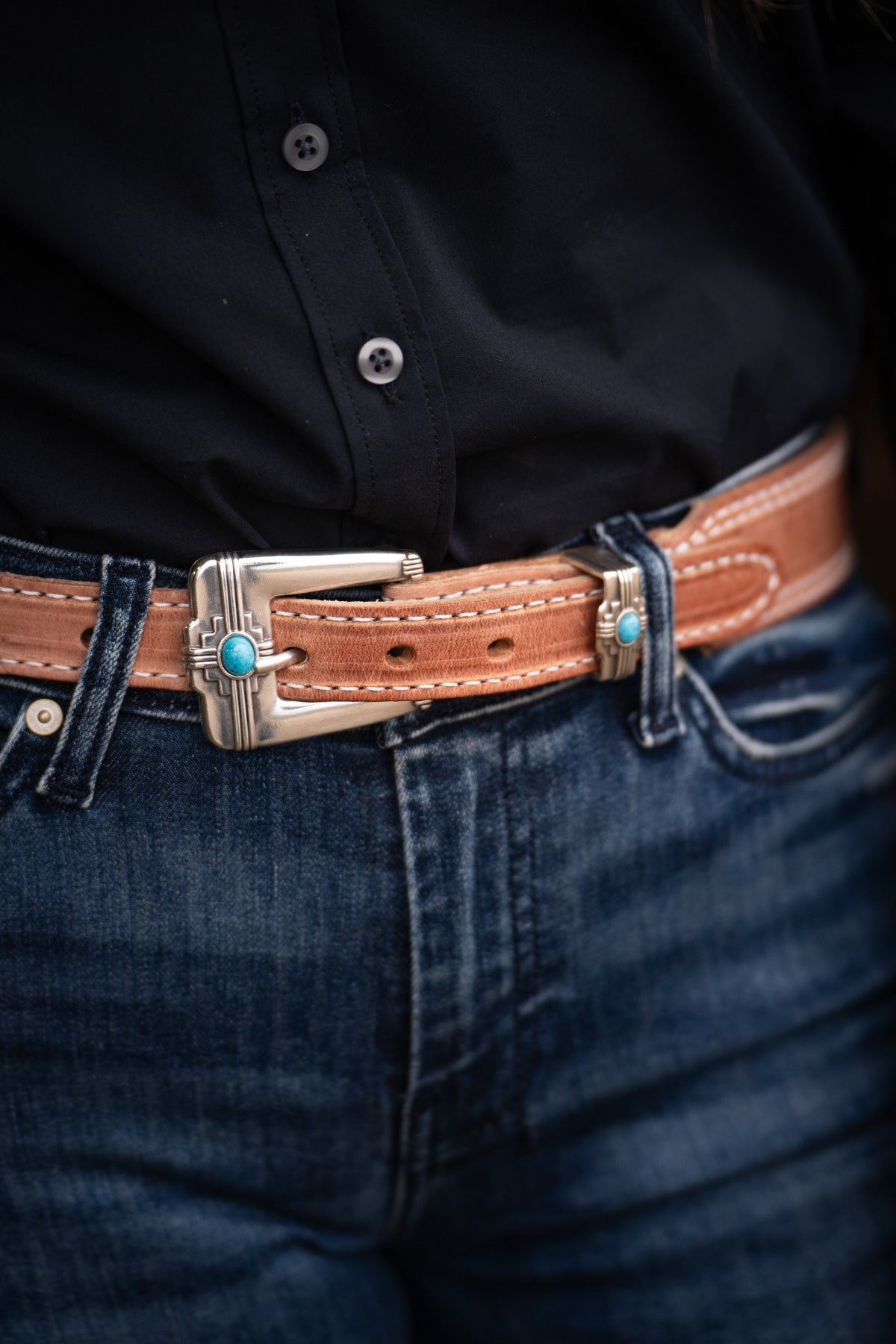 Light Leather Belt with Double Row White Stitching and Turquoise and Silver Buckle by Double J Saddlery (1 1/2" tapered to 1")