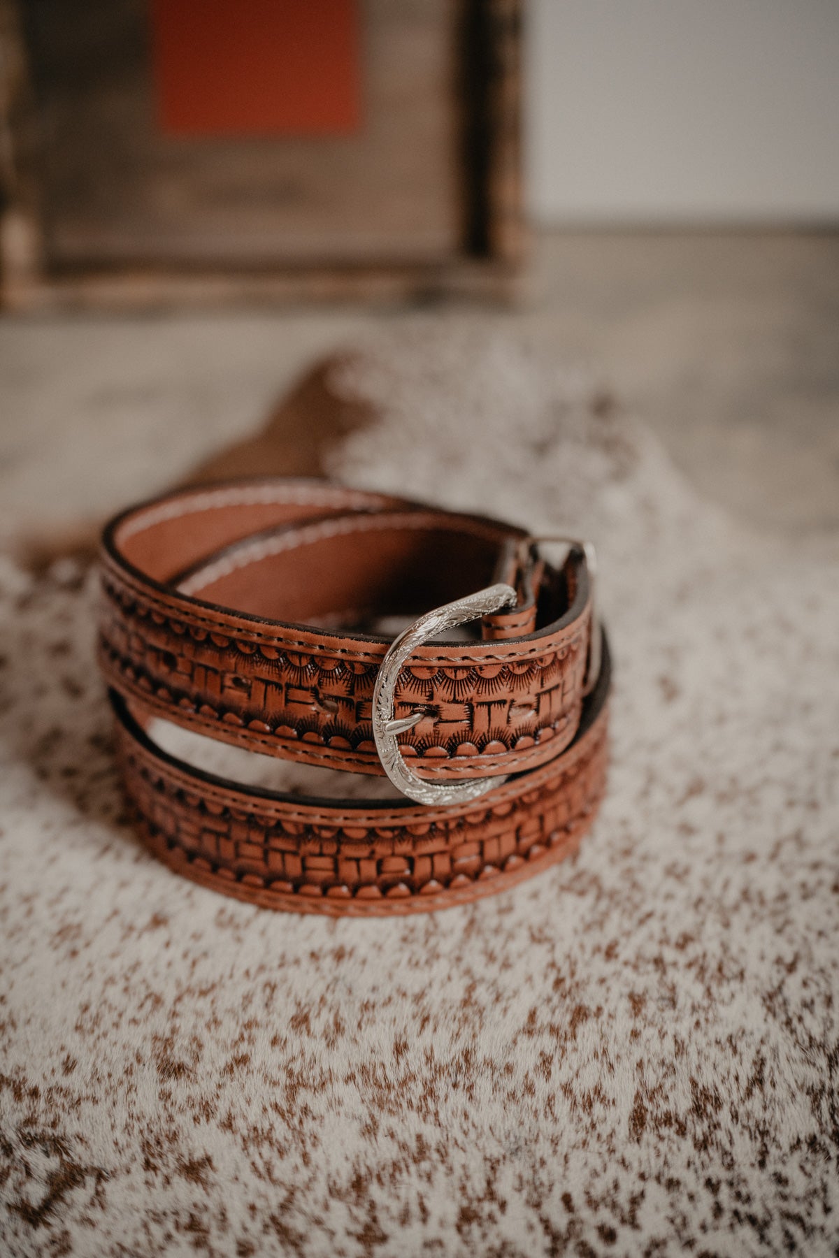 Box Basketweave Tooled Chestnut Leather Belt by Double J Saddlery (1 1/2")