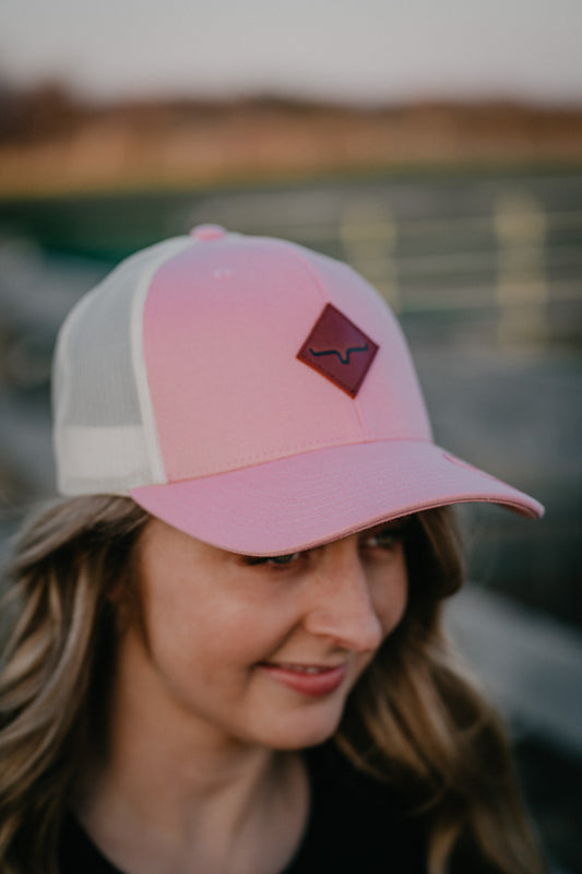 Leather Diamond Patch Kimes Ranch Trucker Hat {Pink}