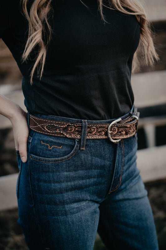 Vintage Brown Belt with Figure 8 Stitched Roughout and Floral Tooled Billets by Double J Saddlery (1 1/2")