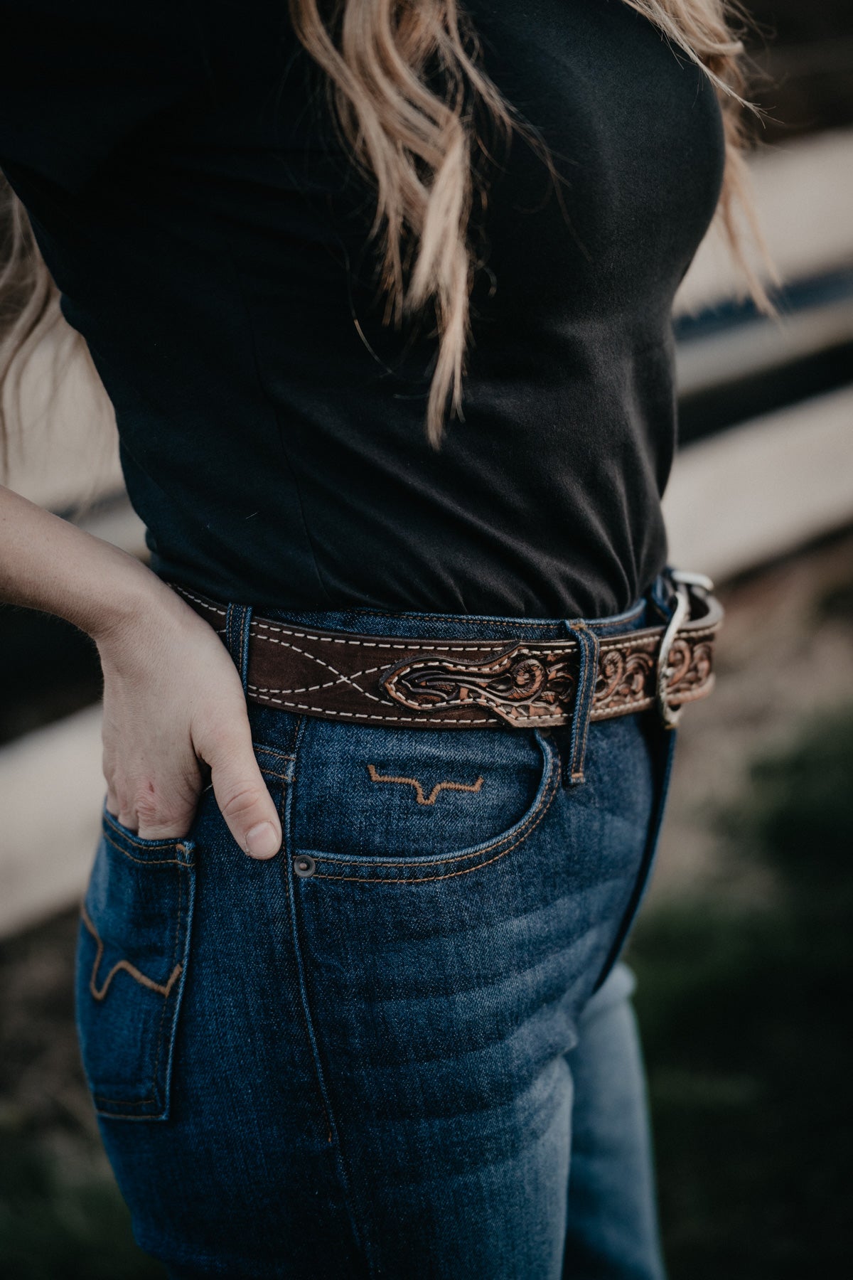 Vintage Brown Belt with Figure 8 Stitched Roughout and Floral Tooled Billets by Double J Saddlery (1 1/2")