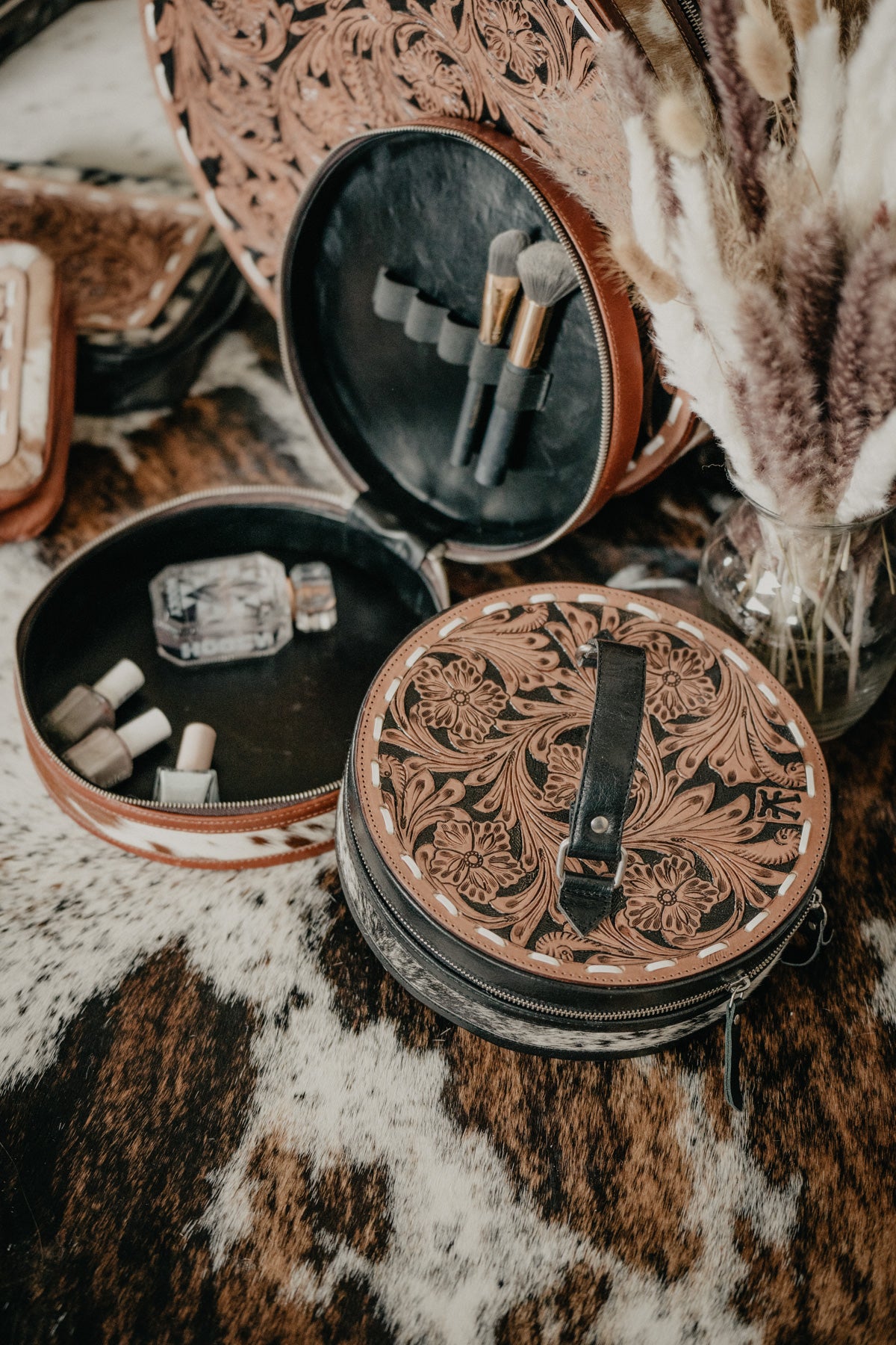 Round Tooled Leather Makeup Case
