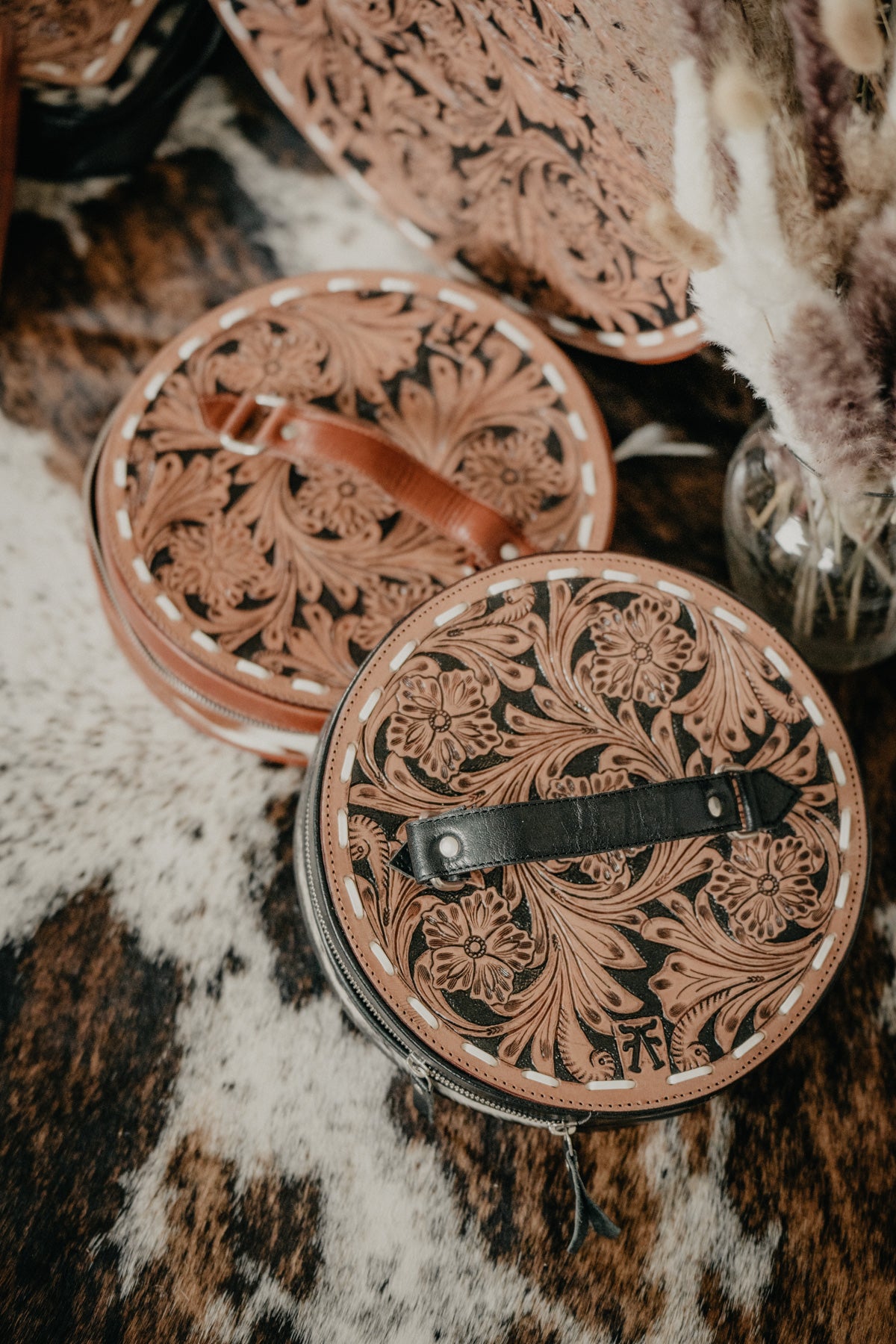 Round Tooled Leather Makeup Case