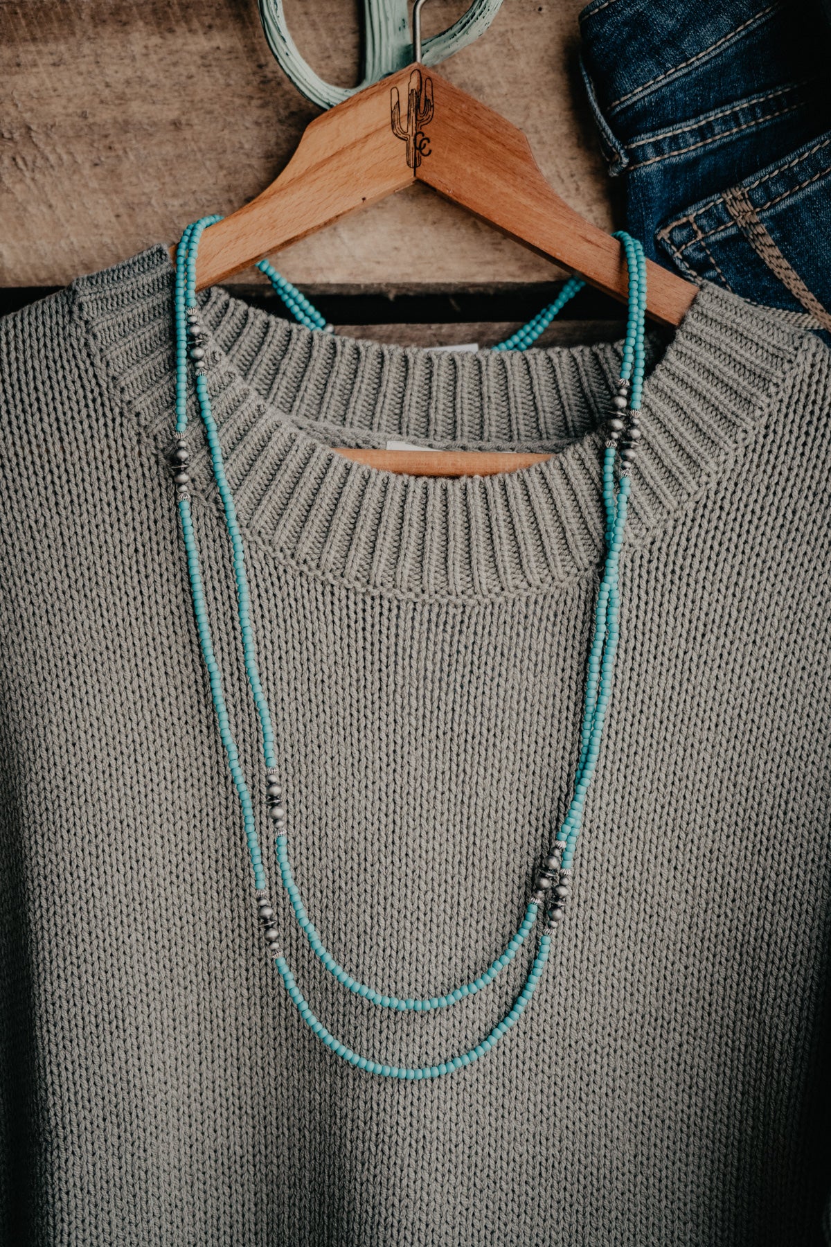 Faux 66" Dainty Turquoise Necklace with Faux Navajo Pearl Accents