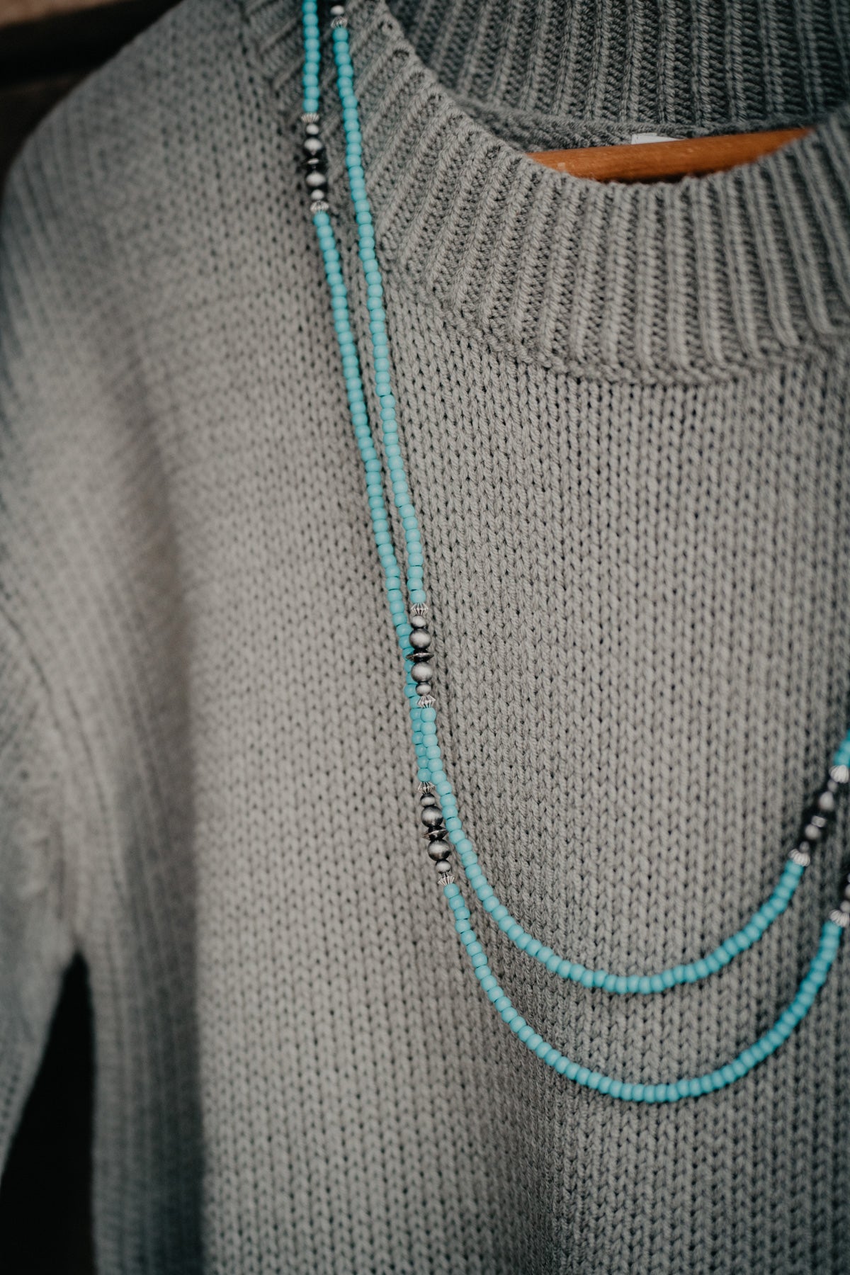 Faux 66" Dainty Turquoise Necklace with Faux Navajo Pearl Accents