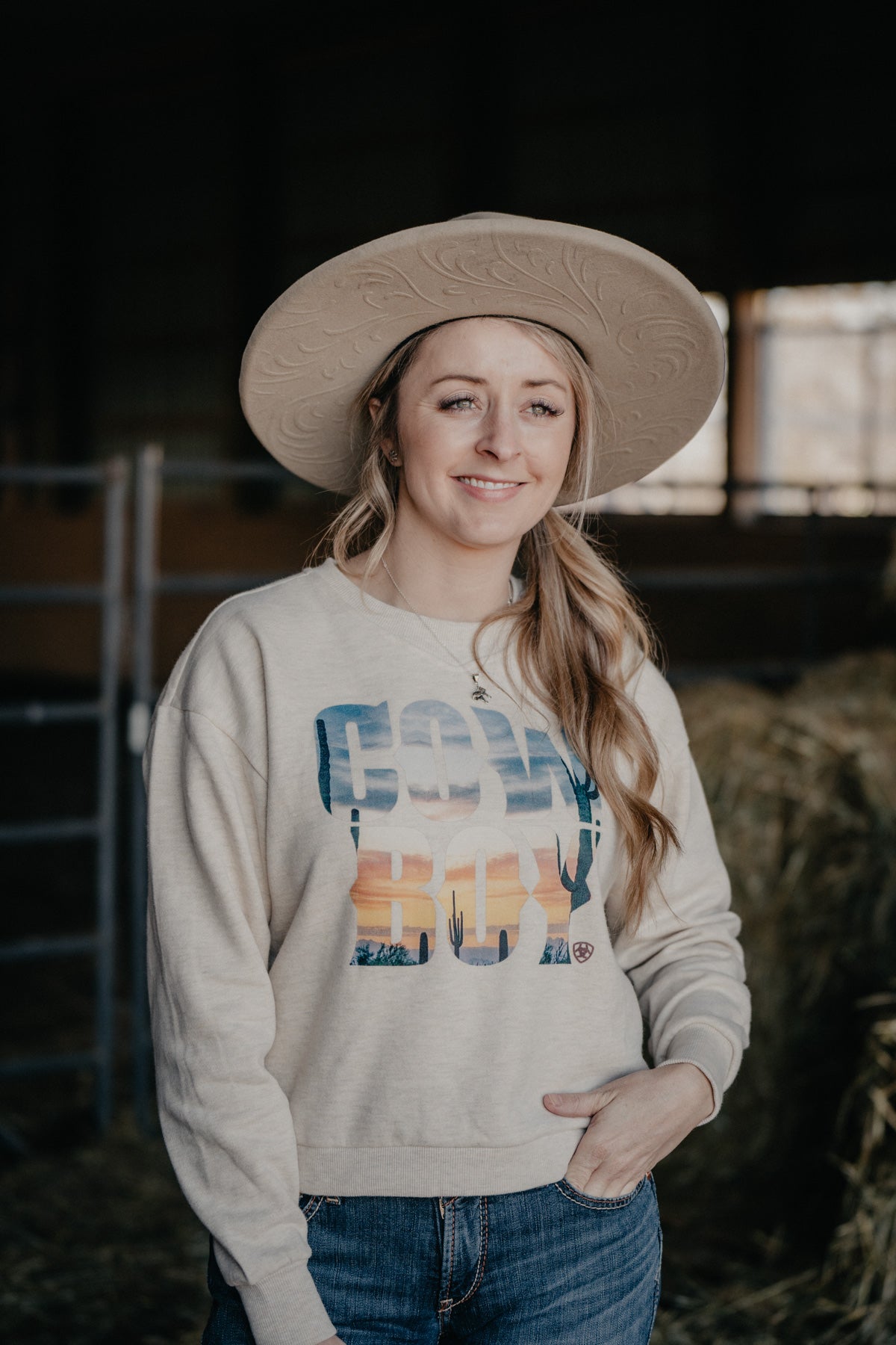 'Cowboy' Women's Oatmeal Crewneck Sweatshirt by Ariat (L & XL Only)