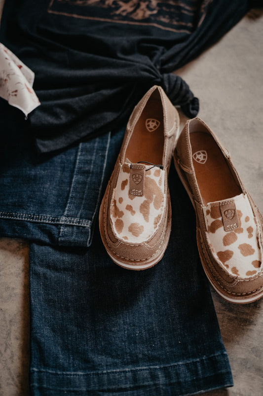 Tan & White Cowprint Ariat Leather Cruiser Shoes
