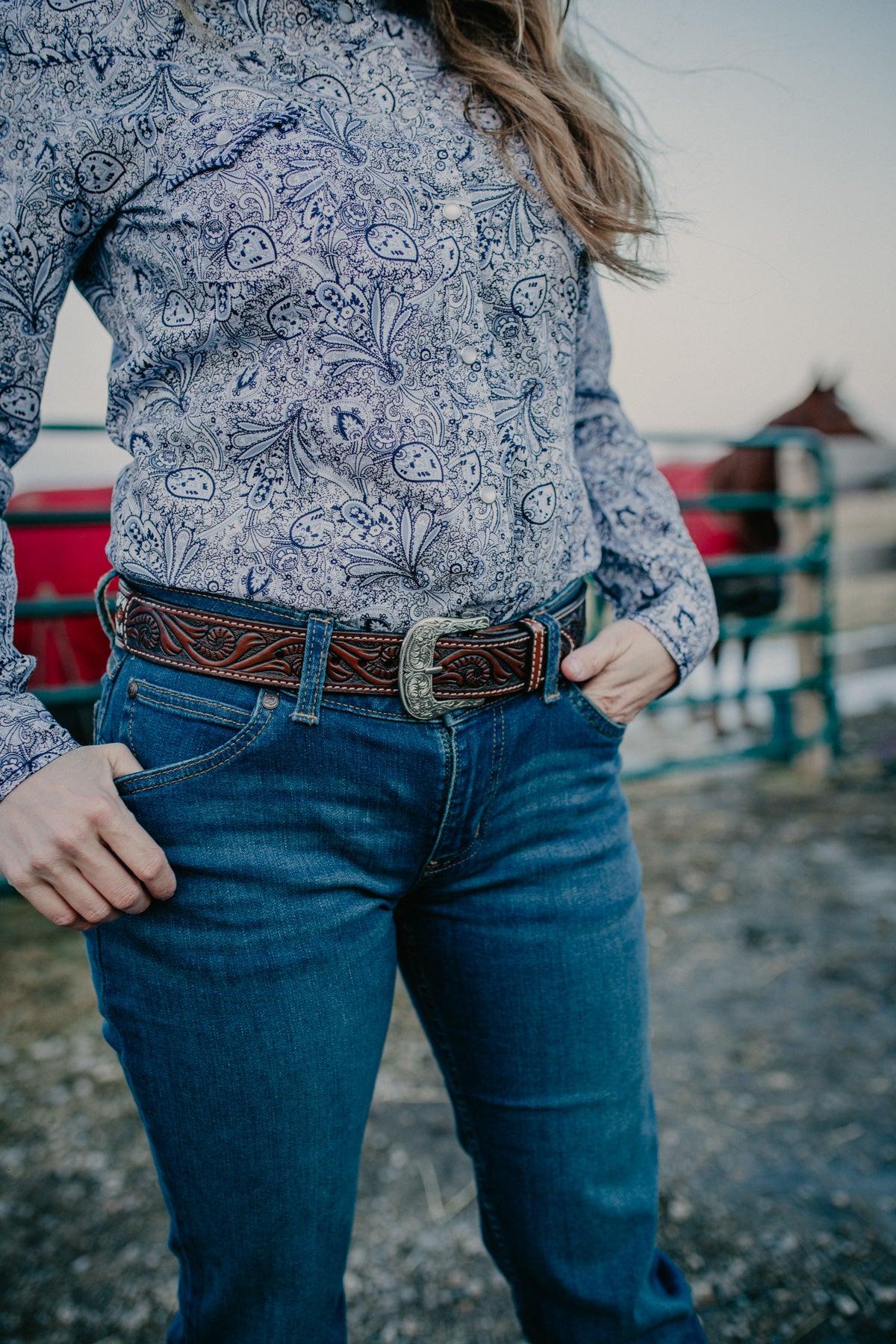 Tooled Leather Belt with Ivory Beaded Inlay