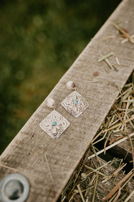 'June' Sterling Silver and Turquoise Stamped Statement Earrings