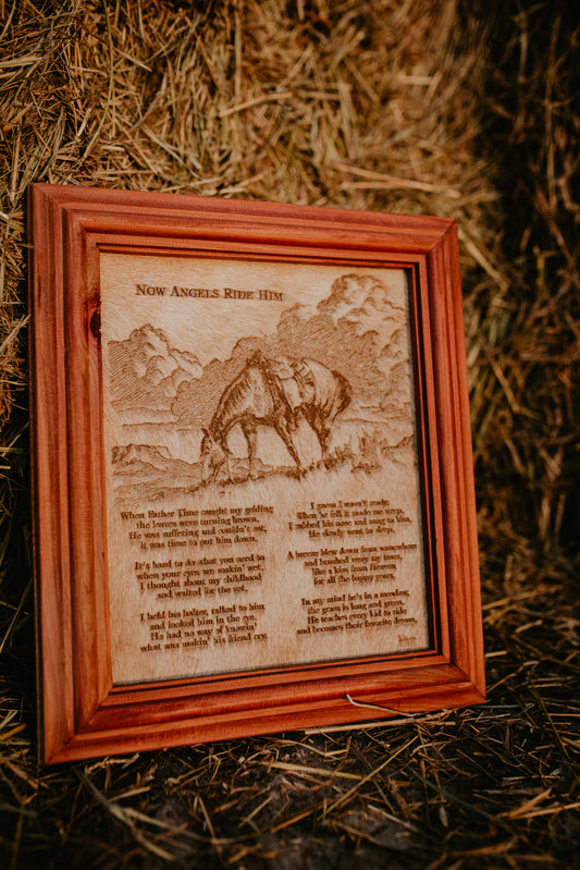 "Now Angels Ride Him/Her" Cowhide Poem with Custom Cedar Frame (10X12)