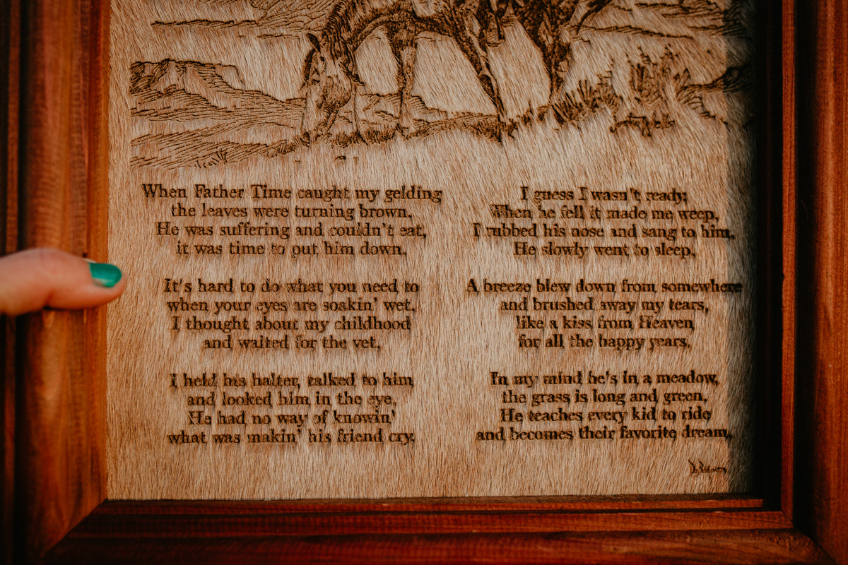 "Now Angels Ride Him/Her" Cowhide Poem with Custom Cedar Frame (10X12)