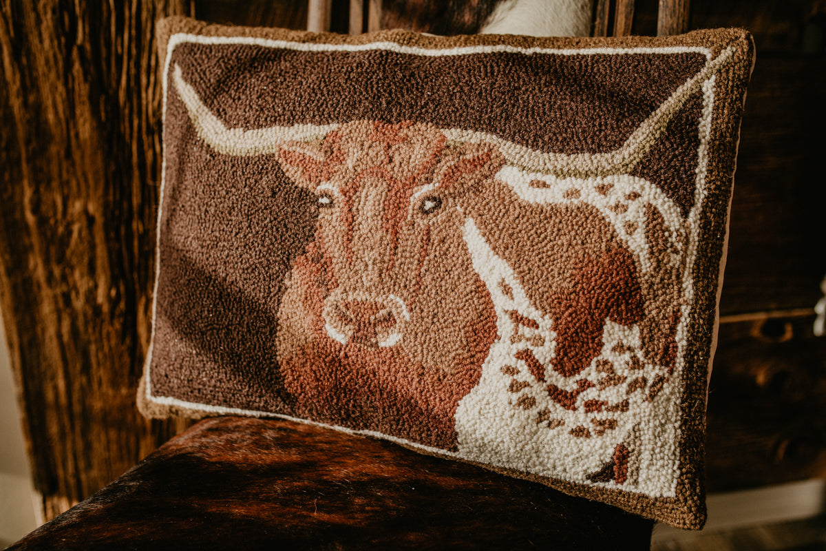 "Longhorn' Rug Hooked Large Accent Pillow